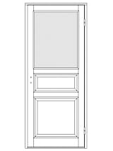 Ritning av enkeldörr med stor glasruta överst, en liggande spegelpanel i mitten och en stor spegelpanel nederst.