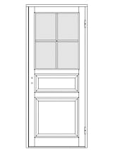 Ritning av enkeldörr med glasad överdel med fyra glasrutor, en liggande spegelpanel i mitten och en stor spegelpanel nederst.