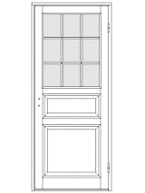 Ritning av enkeldörr med glasad överdel med nio små glasrutor, en liggande spegelpanel i mitten och en stor spegelpanel nederst.