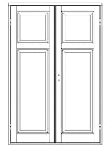 Illustration av pardörr med ett mindre överstycke och en hög profilerad spegelpanel på varje dörrblad, utan glasöppningar.