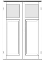 Illustration av pardörr med ett rektangulärt glasfält utan spröjs upptill på varje dörrblad och en hög profilerad spegelpanel nedtill.