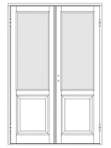 Illustration av 2-luftig pardörr med höga glaspartier, där varje dörrblad har en stor glasruta och en rektangulär spegelpanel nederst på varje blad.