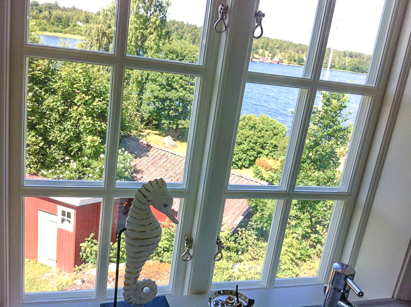 Spröjsat fönster i rutnät med utsikt över trädgård och sjö.